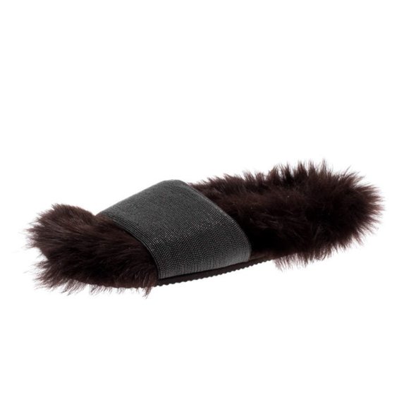 NWT Brunello Cucinelli Brown Monili Bead and Shearling Slip-on Slides Size 35.5 - Picture 1 of 7